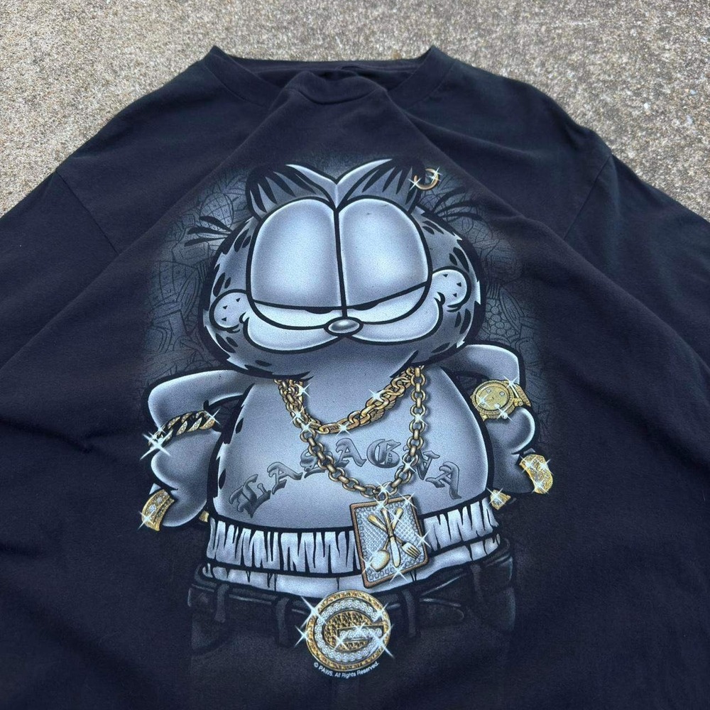 Vintage Y2K Garfield Iced Out Gangster Graphic Tee Streetwear Black L (f8)